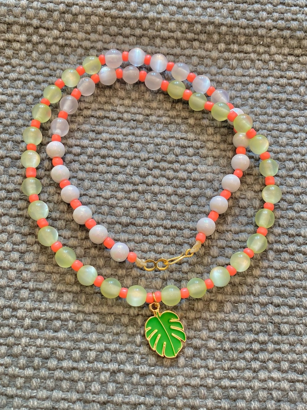 Colorful Bead Charm Necklace with Leaf Pendant